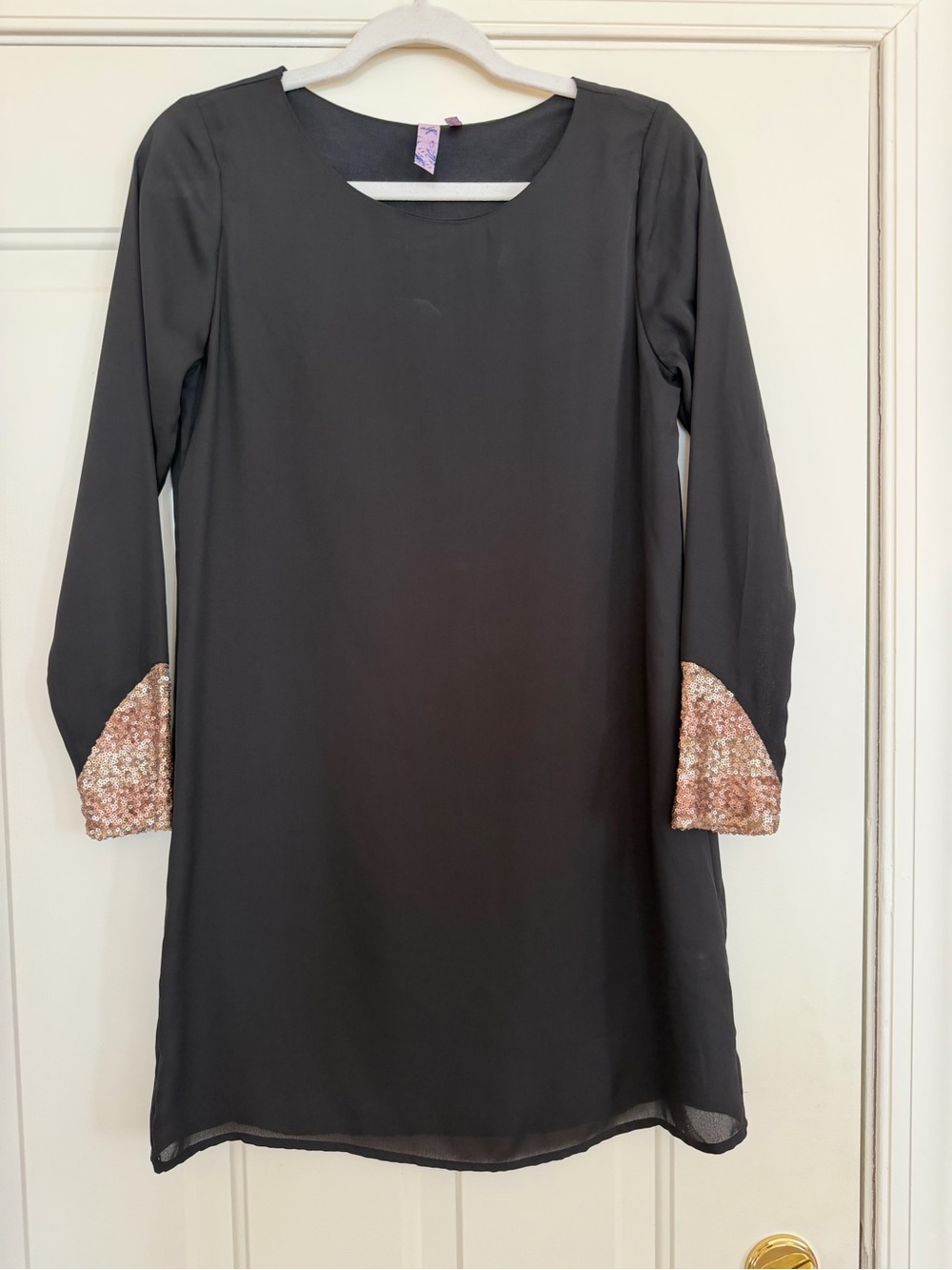Alya Black Long-Sleeve Shift Dress with Rose Gold Sequin Cuffs